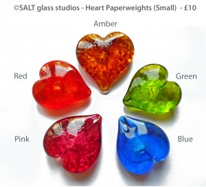 ©SALT glass studios.Glass Hearts (Small) Pink.Green.Blue.Amber